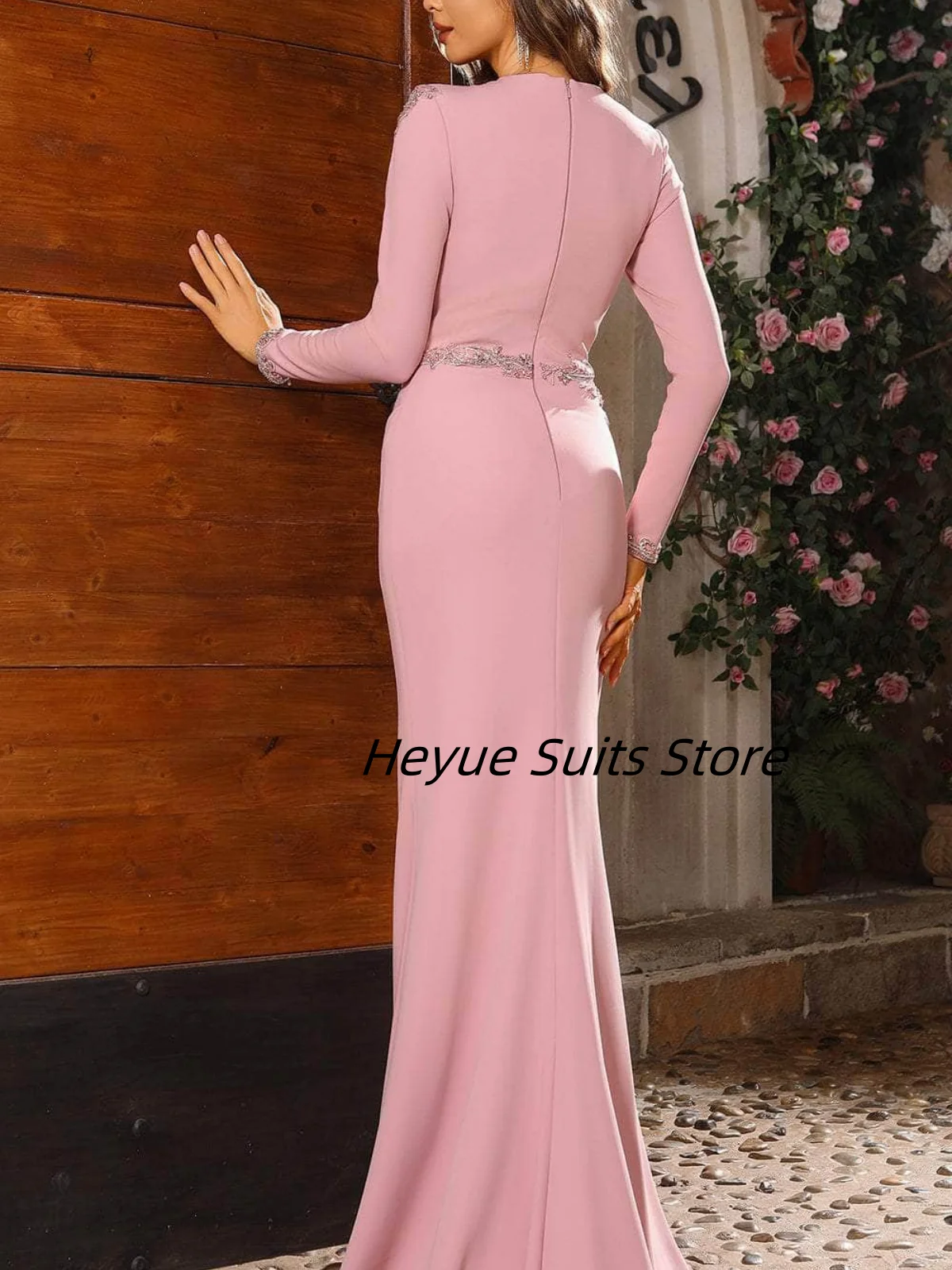 TIANTIAN Aangepaste kralen applique lange mouwen geplooide dweiljurk met volledige rug Formele avond galajurk فسات CNN • 2017-