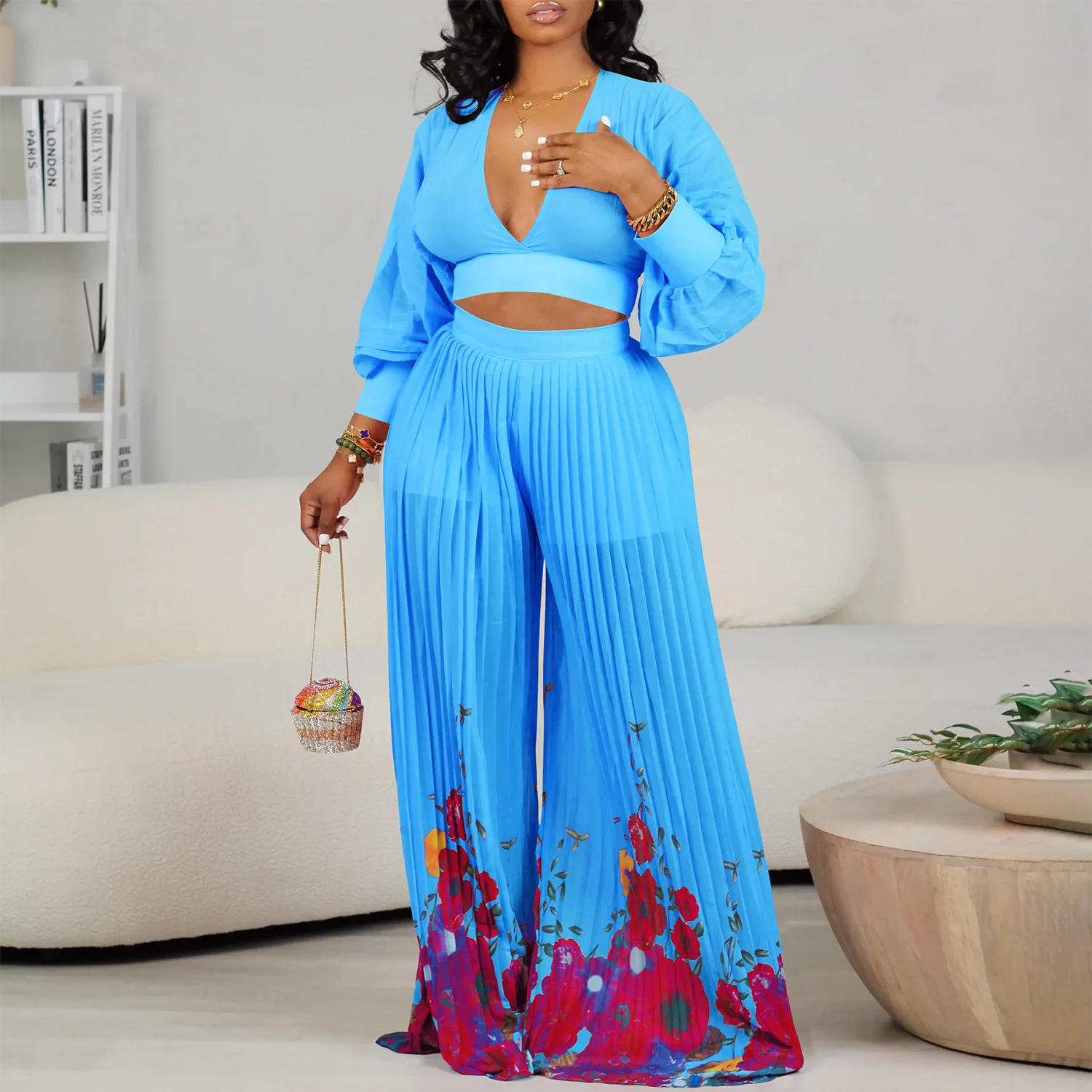 V-neck Chiffon Lantern Sleeve Top Pleated Wide Leg Pants Two-piece Set