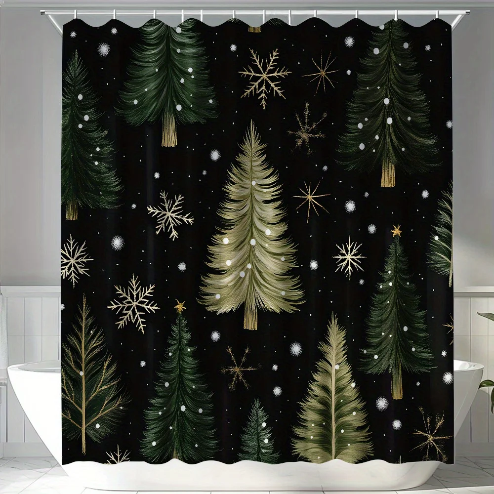 Festive Black Background Christmas Tree Snowflake Shower Curtain Waterproof Holiday Xmas Bathroom Decor Xmas Gift Idea