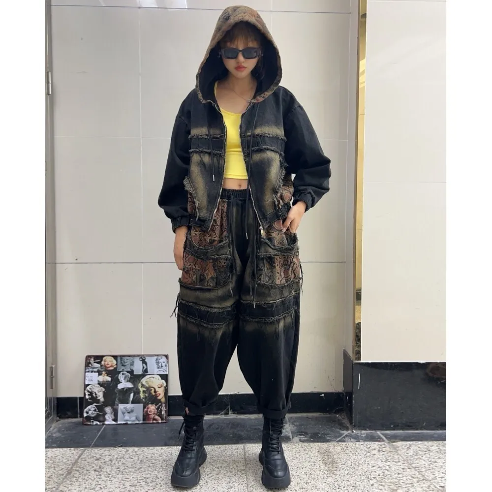 Trendy Vintage Pant Set Printed Patchwork Denim Hooded Long Sleeved Jacket + Harem Pants Two-piece Set Women 2024 Autumn ZF198