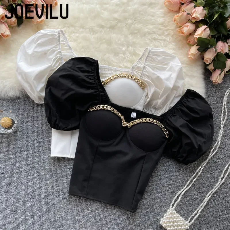 Belly Button Shirt Chic Chain Off Shoulder Expose Clavicle Tank Top Summer Puff Sleeve Crop Tops Women Elegant Sexy Slim Blouses