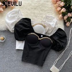 Bauch Taste Shirt Chic Kette Off Schulter Aussetzen Schlüsselbein Tank Top Sommer Puff Sleeve Crop Tops Frauen Elegante Sexy Schlank blusen