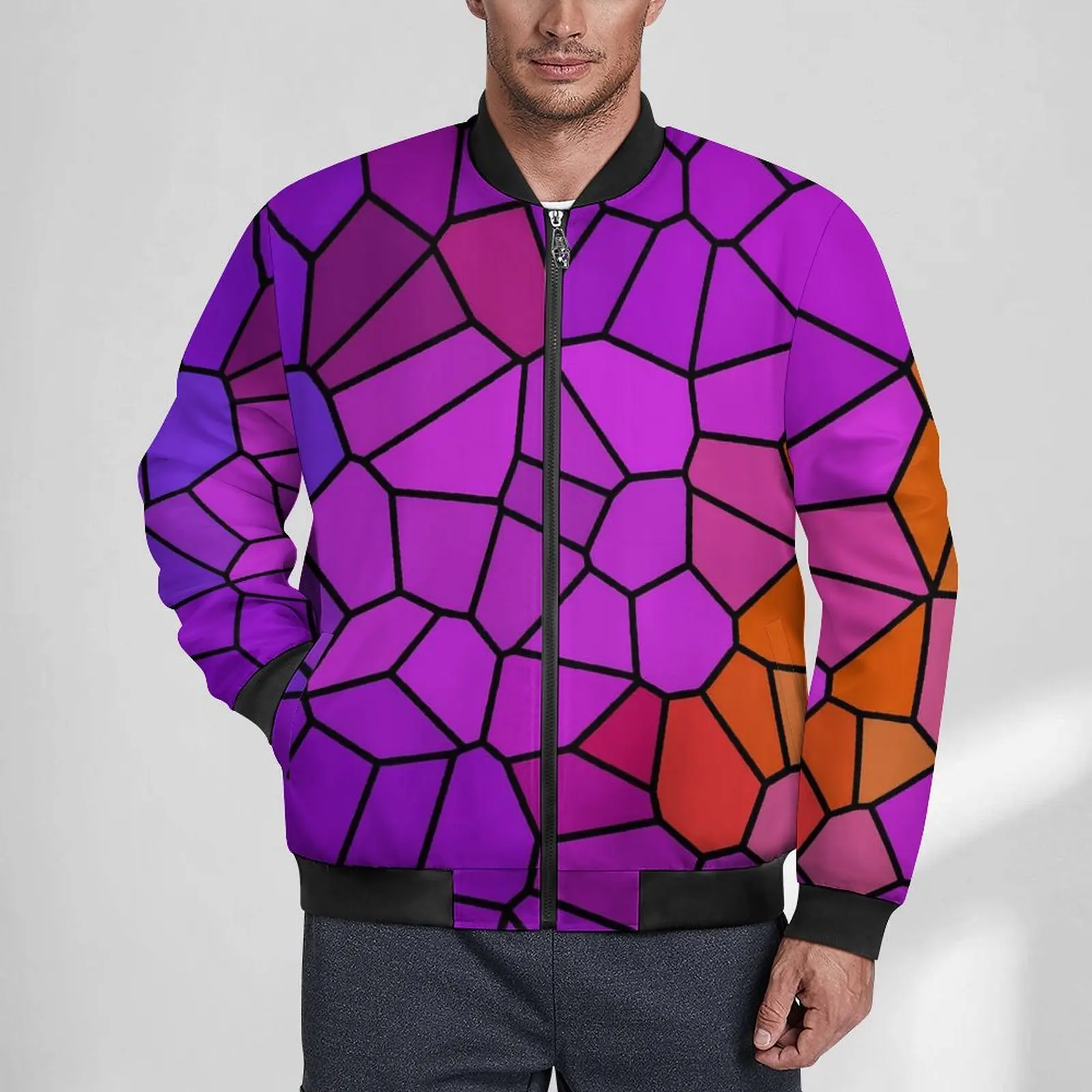 Geometric Jackets Male Stained Glass Abstract Art Autumn Coats Trendy Zipper Casual Windbreak Outerwear Jacket Plus Size 5XL