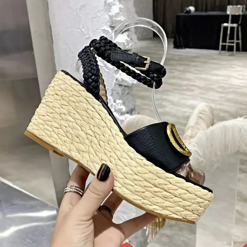 Platform Wedge Sandals Women\'s 2024 Fashion Straw Sole Fisherman\'s Shoes Leather Braided Ankle Buckle Design Heels