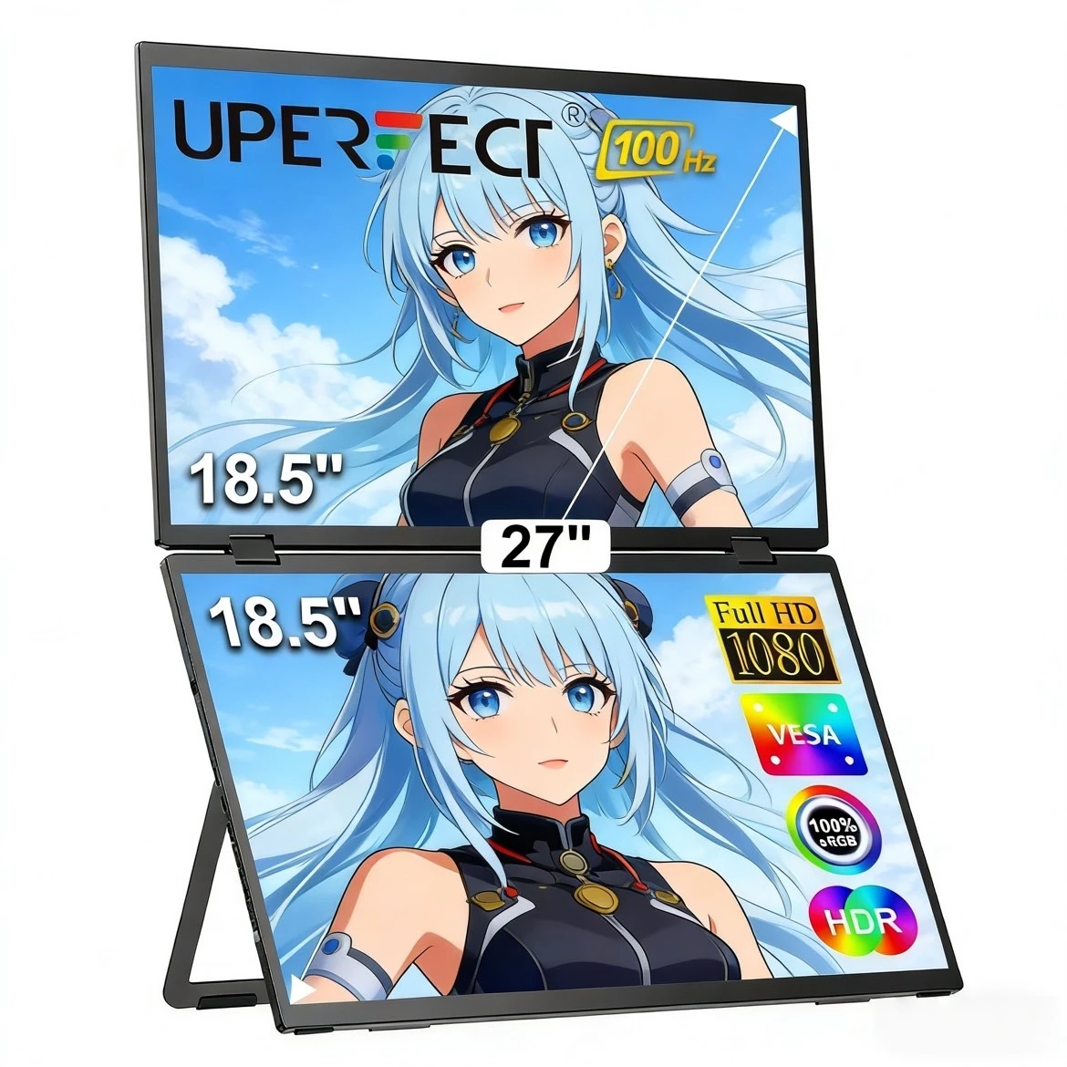 

UPERFECT 18" FHD 100Hz Dual Portable Monitor 100% sRGB Travel Foldable Display For Laptop Screen Extender With Type-C HDMI VESA