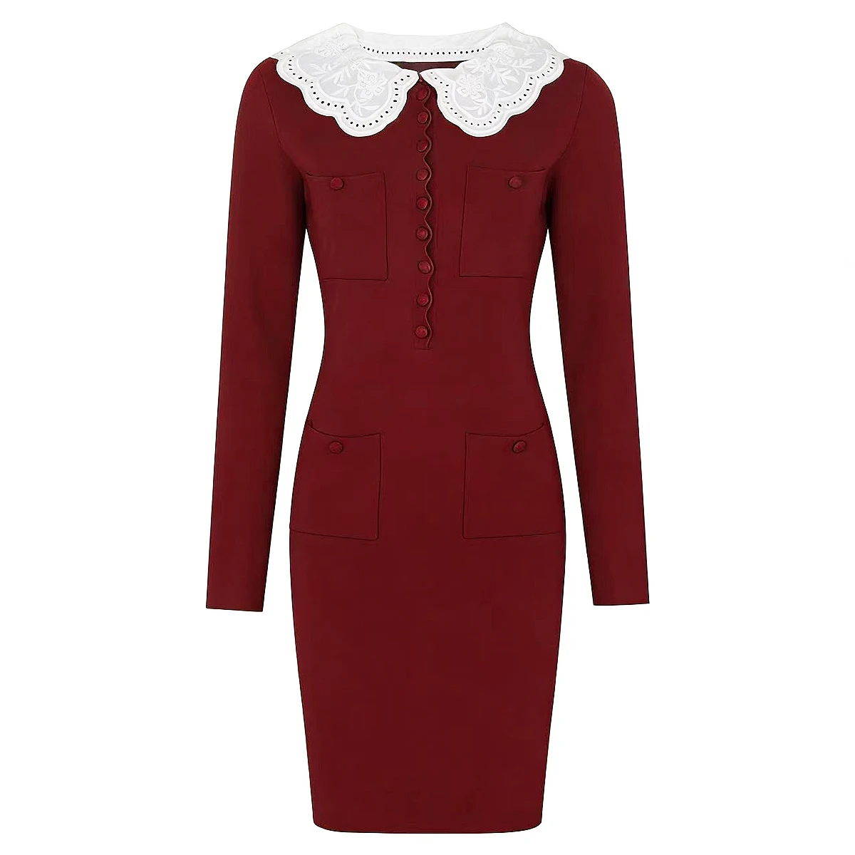 

High Quality Spring And Autumn New Fashionable Slim Fit And Slimming Embroidered Lace Collar Long Sleeved Knitted Dress