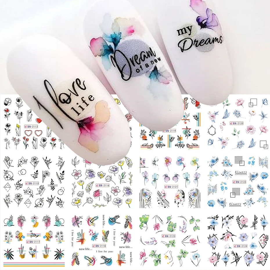 12pcs Geometry Flower Leaf Nail Stickers Line Graffiti Painted Colorful Water Decal Link Blooming Slider for Nail Decoration