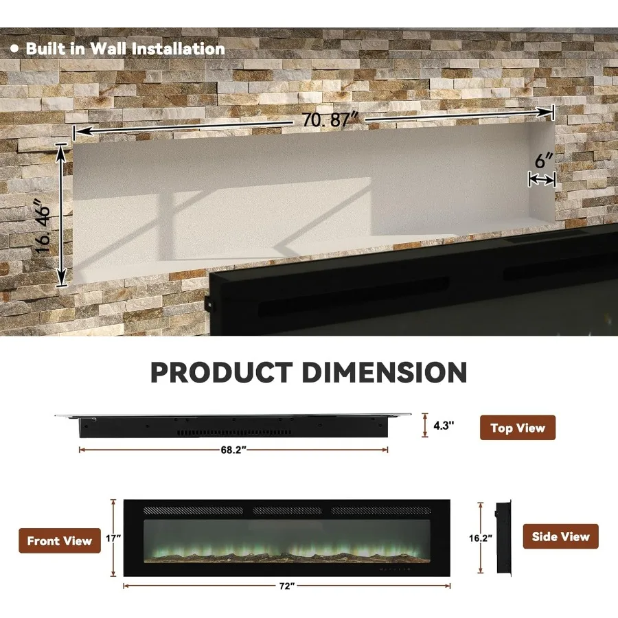 Camino elettrico da 72 pollici Camino LED da parete e da incasso con telecomando Temporizzatore da 8 ore 12 impostazioni di fiamma Touch screen