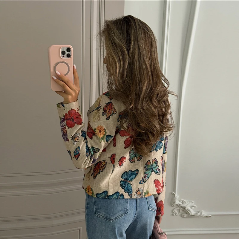 Damen-Crop-Mäntel mit Stehkragen, Jacquard-Muster, langärmelig, Herbst, einreihig, mit Paneelen, schicke neue Oberbekleidung – Detail 18