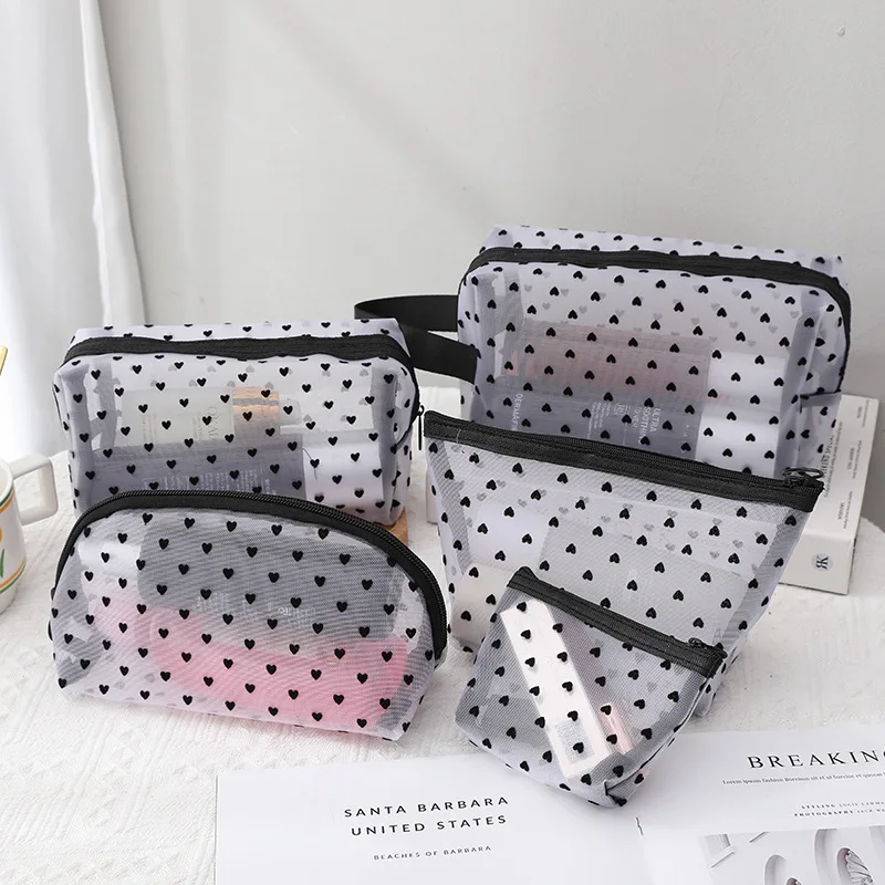 New Transparent Heart Mesh Makeup Bag Portable Nylon Women Make Up Tool Storage Pouch Travel Organizer Cosmetic Clear Zipper Bag