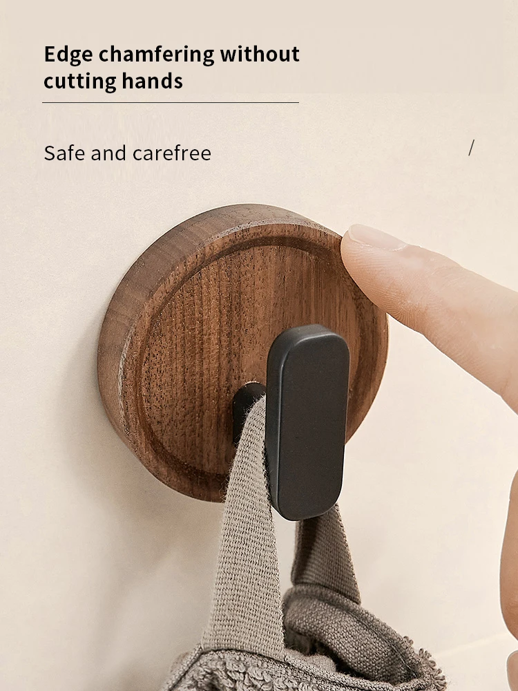 Walnut Wood Coat Rack Hooks Black Wall Hangers for Hanging Keys, Clothes, Bathroom Robe and Towels and Entryway, No Drilling