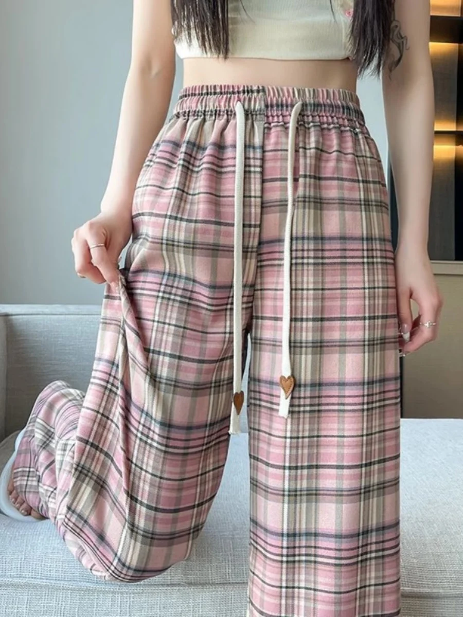 

Розовые клетчатые повседневные брюки для женщин, летние, винтажные, свободные, прямые, широкие, в пол, маленькие размеры, длинные брюки