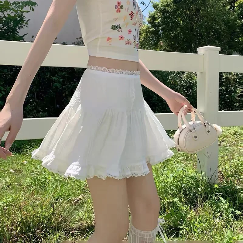Balletcore Ruffled Mini Skirt with Lace Trim Low Rise Tiered Skirt Summer Women Teen Girl Y2K Goth Outfit Aesthetic Streetwear