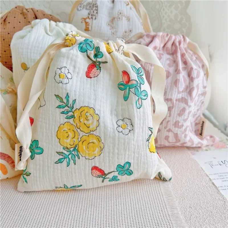 Natural Cotton Mommy Storage Bags Outdoor Baby Diaper Carrier Cute Sunshine Rainbow Printing Drawstring Pouches 27x25cm