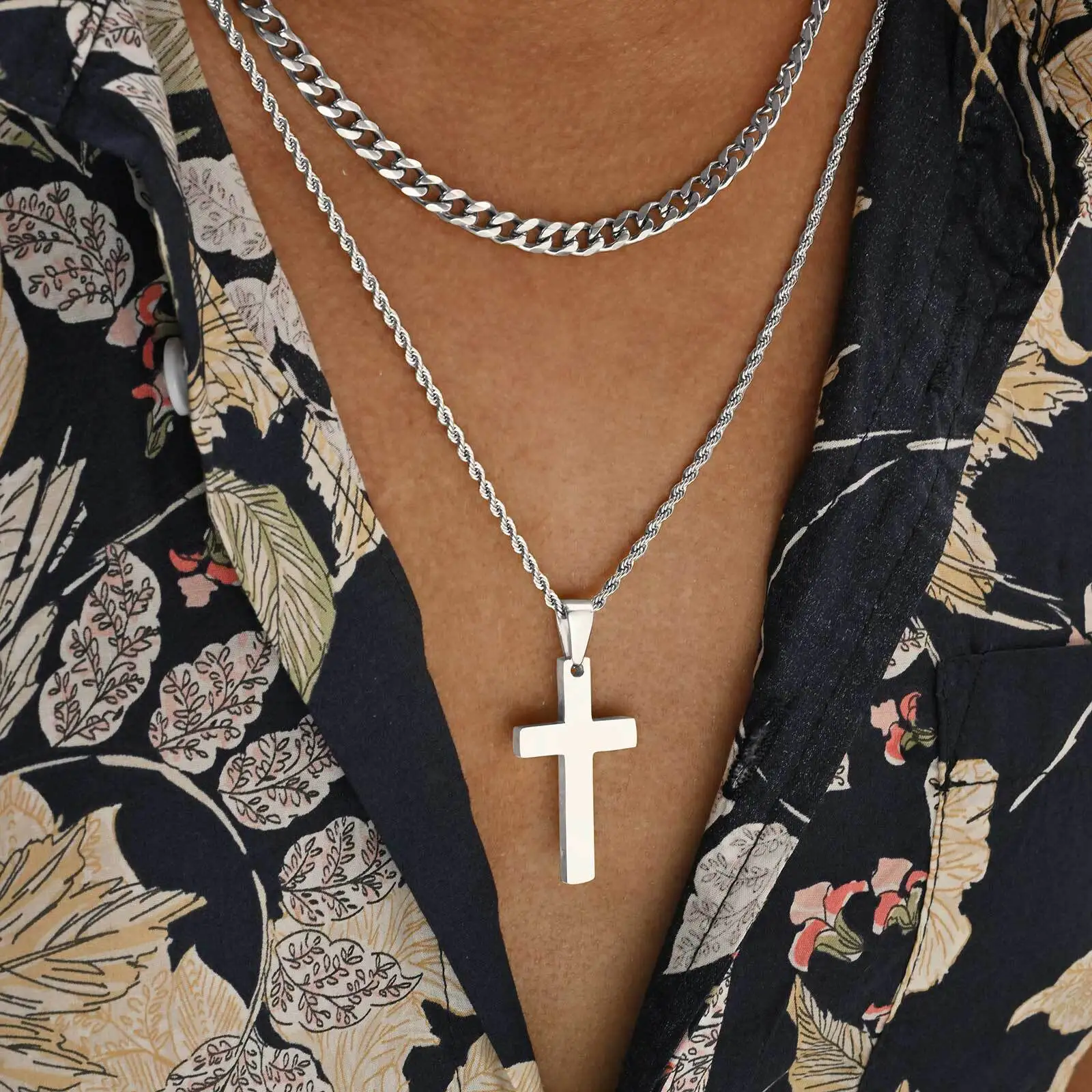 2pcs Men's Necklace,Waterproof Stainless Steel Cross Pendant Necklace,Birthday Party Jewelry Gift for Husband Dad Son BBF