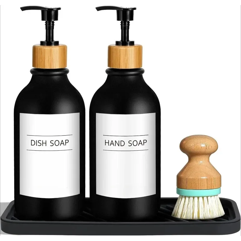 

Hand and Dish Soap Dispenser Set, Plastic Kitchen Soap Dispenser Set with Tray,16 Oz Black Soap Dispenser with Bamboo Dish Brush