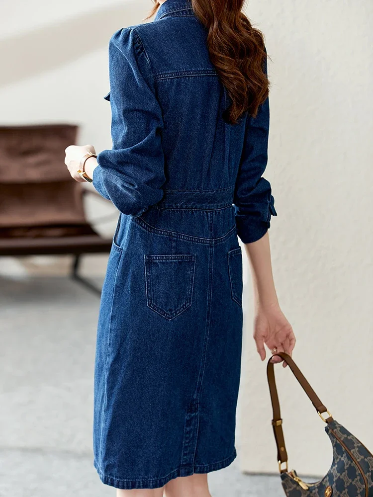 Vimly Vintage Washed A-line Split Denim Shirt Dress 2023 Autumn Turn Down Collar Puff Sleeve Jean Dresses Women's Clothing 70611