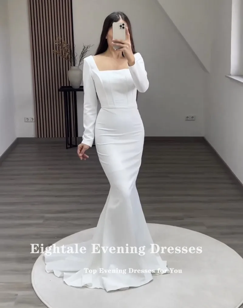 Eightale White Evening Dress for Wedding Party Strapless Mermaid Long Sleeve Customized Arabic Celebrity Prom Gowns