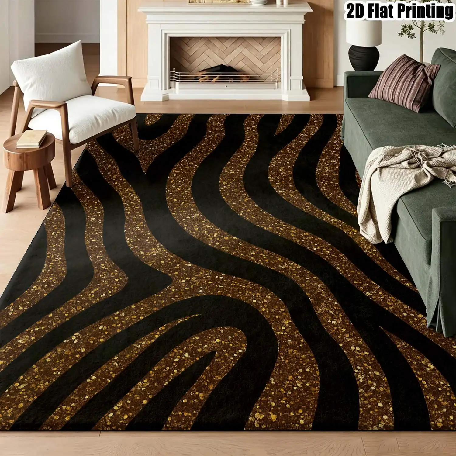 1Pc 2D Printed Black & Gold Zebra Pattern Geometric Striped Vintage European-Style Instagram Floor Mat, Home Decor, Multi-Size, Machine Washable, Suitable for Entrance/Dining/Foyer/Living Room/Bedroom