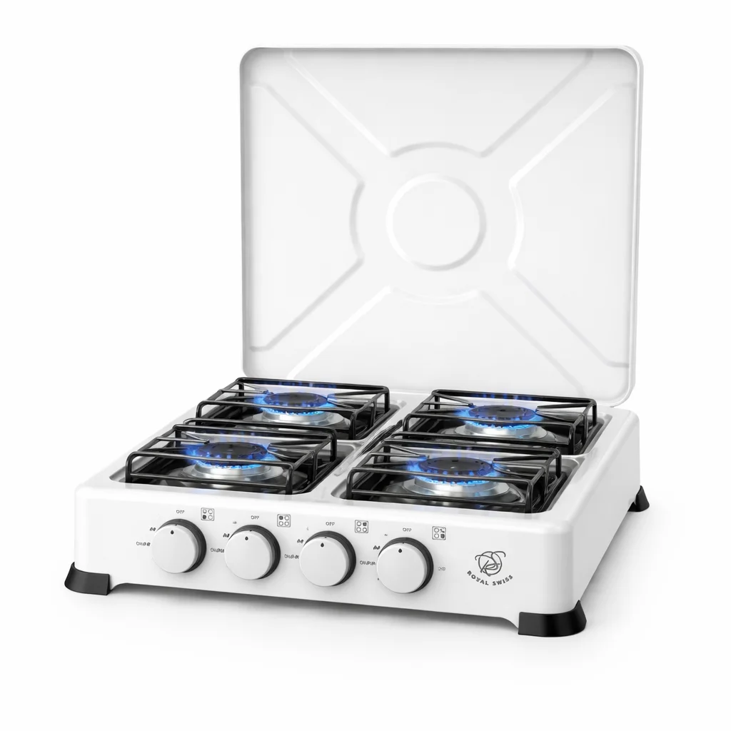 royal swiss - Cocina de gas de 4 quemadores con tapa  Parrillas esmaltadas, seguridad de corte de gas