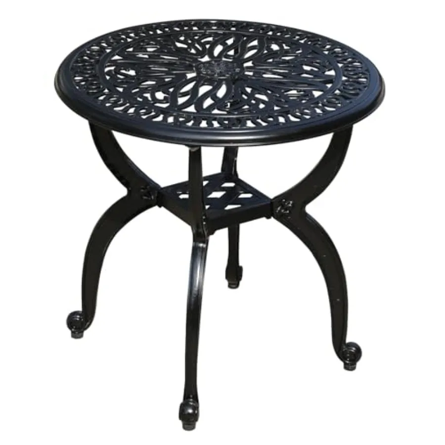 

Cast aluminum outdoor side table for patio, park, lawn, yard: round, small, all-weather, silver-gray, rust-resistant and lightw