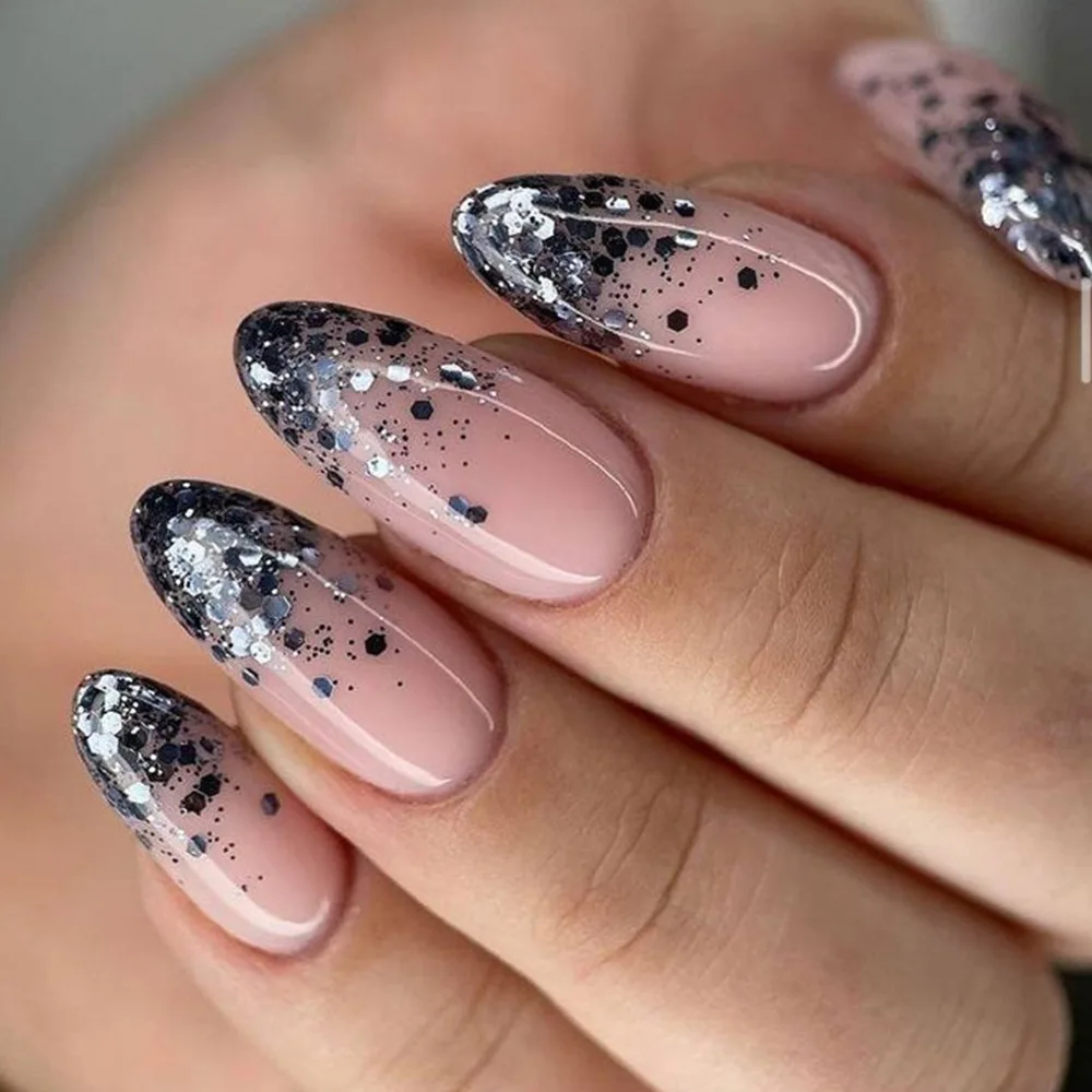 

24PCS Edgy False Nails Nude Pink Black Glitter Almond Press on Nails French Design Sweet Cool Style Removable Manicure Nail Art