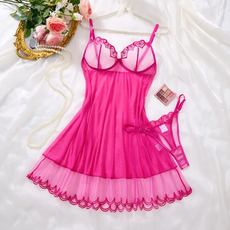 Damen Nachthemd Rosenrot Tüll Sexy Nachtwäsche Sommer Ärmellose Pyjamas Herz-Bestickte Schlafbekleidung V-Ausschnitt Slip Nachthemd