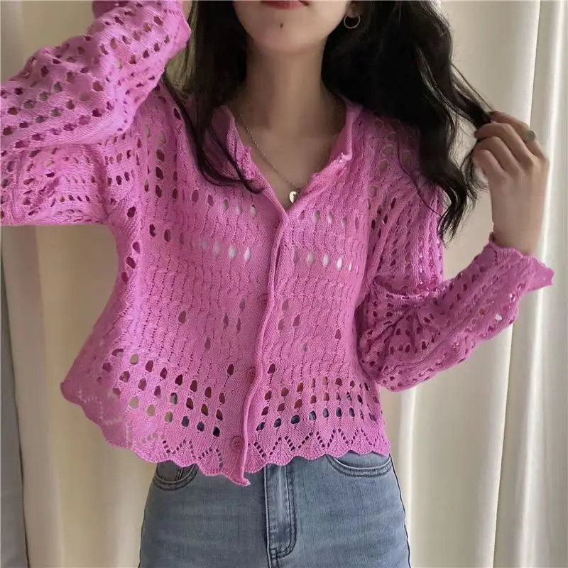 Ngọt Ngào Mỏng Dệt Kim Áo Len Cardigan Nữ Màu Trơn Rỗng Cổ Tròn Áo Len Nữ Spring Mùa Thu Thường Dạo Phố Dệt Kim Cao Cấp
