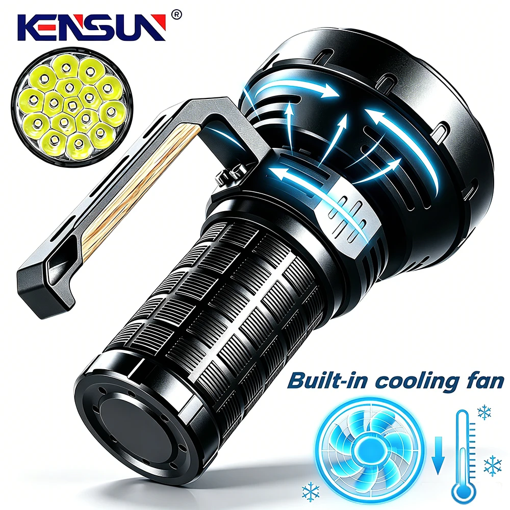 100000 Lumen Super Bright Tactical Flashlight Searchlight Built in Cooling Fan 16pcs XHP50 LED Rechargeable Lantern REAL