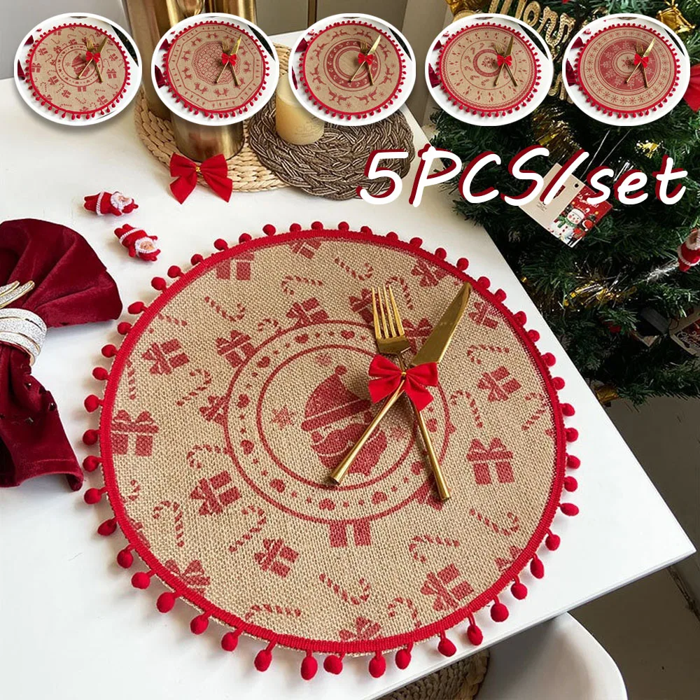 

Set of 5 Christmas Round Placemats, Jute Table Mat for Kitchen Wedding Dining Table 38cm Woven Heat Resistant Place Mats navidad