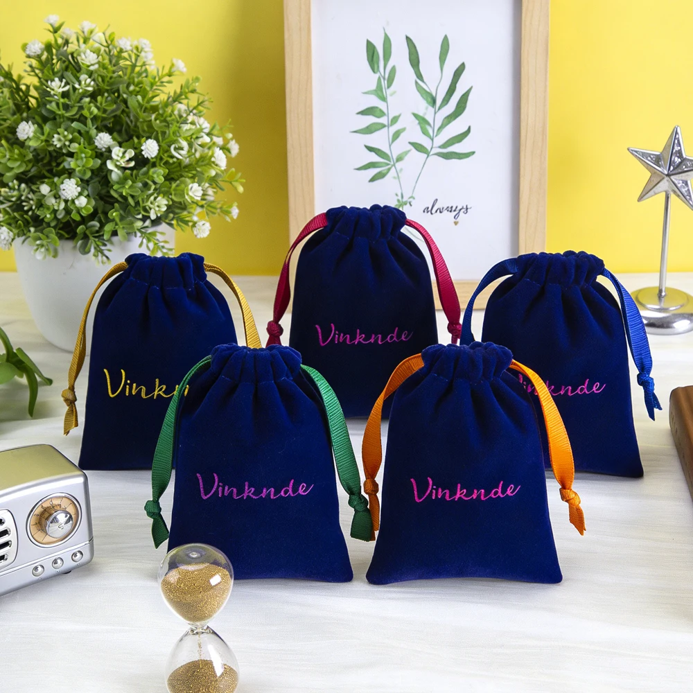 

100Pack 5x7cm Navy Blue Velvet Bag Custom Logo Ribbon Drawstring Bags Crystal Sachet Perfume Jewelry Earrings Packaging Pouches