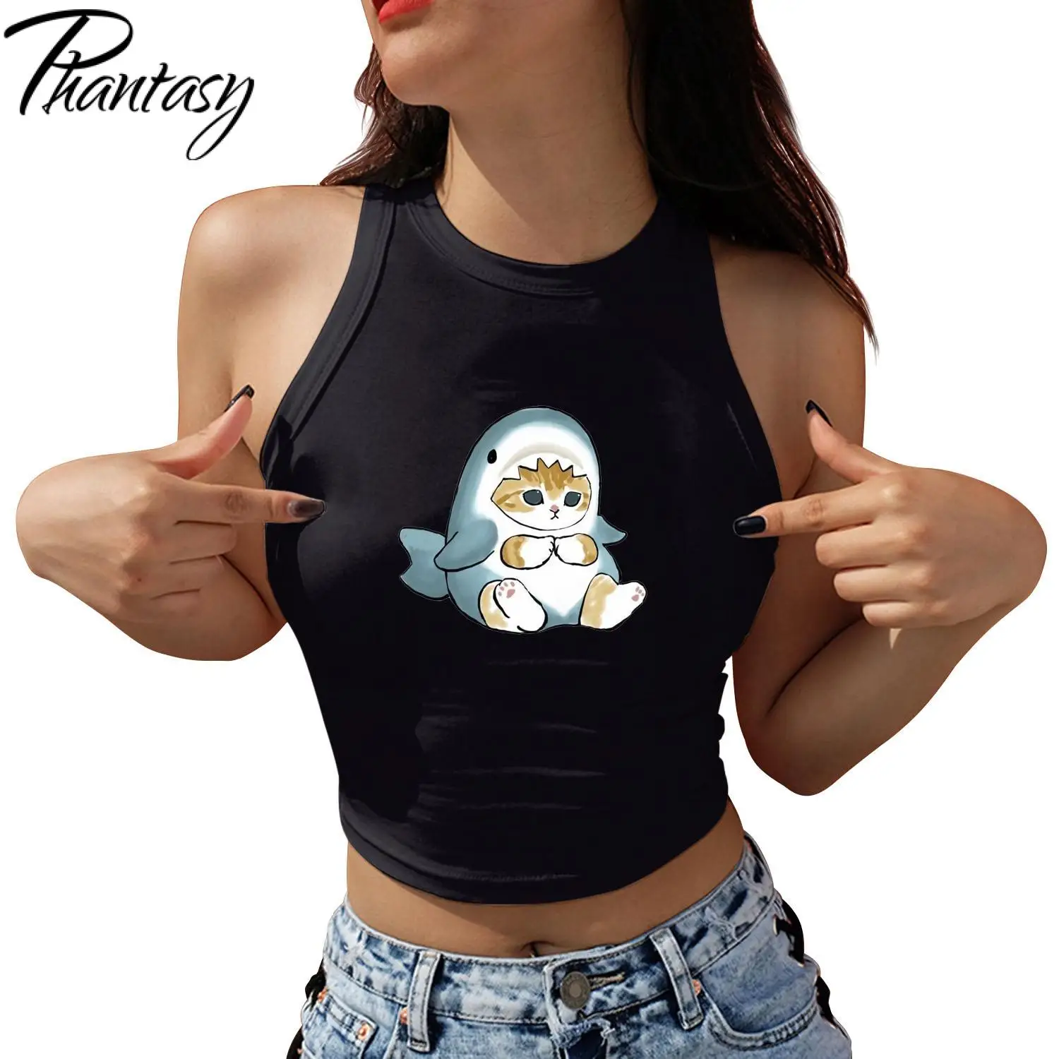 Phantasy Cute Shark Cats Printed Women Crop Top Streetwear Sleeveless Summer Camisole Harajuku Female Casual Y2K Tank Tops