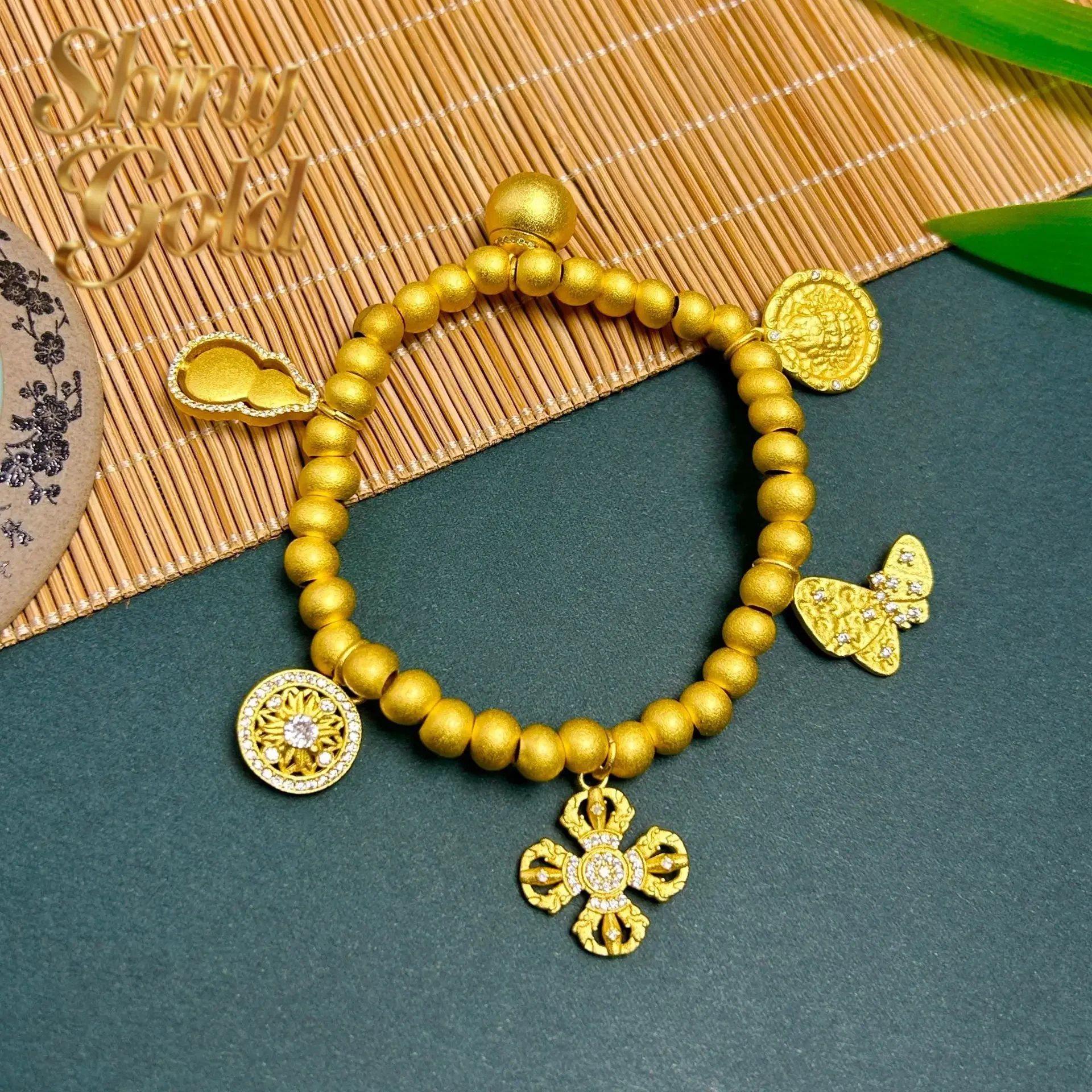 ShinyGold Luxury 9999 24K real gold hollow filigree compass cross vajra bracelet gourd bead bracelet