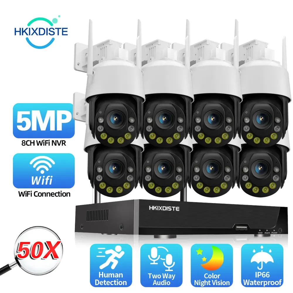 50X Zoom 5MP Wifi PTZ Security Camera  System Kit Outdoor 8CH Wifi NVR Kit Human Detection Wireless CCTV Video Surveillance Kit