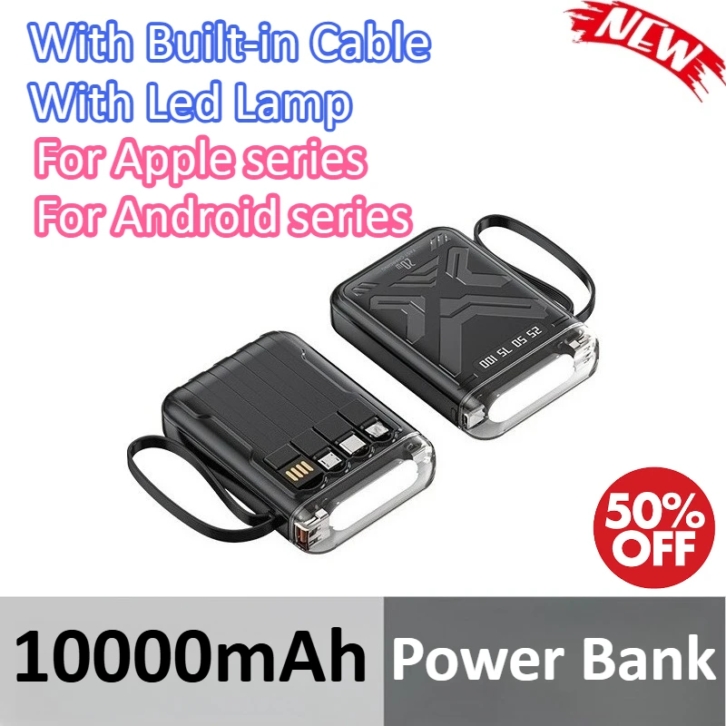

10000mAh Fast Charging Power Bank With Built-in Cable With Led Lamp Portable Power Supply For iPhone For Samsung For Xiaomi