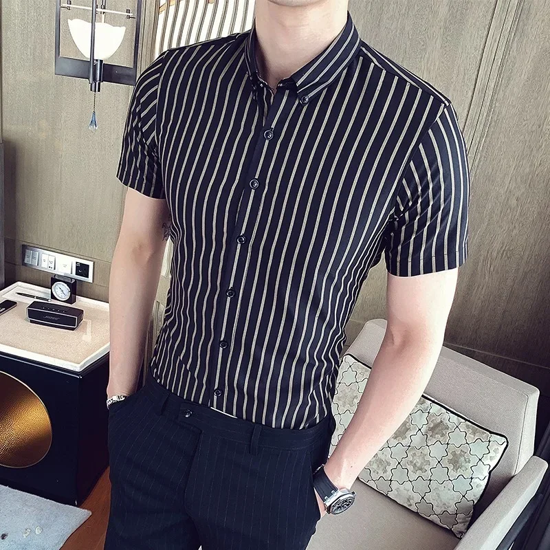 

Mens Short Sleeve Striped Shirts Summer New High Quality Simple Fashion Business Casual Stretch Slim Shirts Mens Clothing