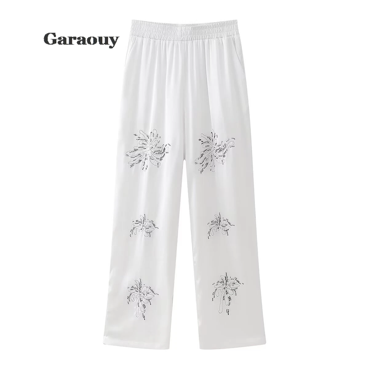 Garaouy Chic Bead Embroidery 2 Piece Pants Set Women Long Sleeve Lapel Tops High Waist Pants 2024 Lady Casual Vacation Outfit