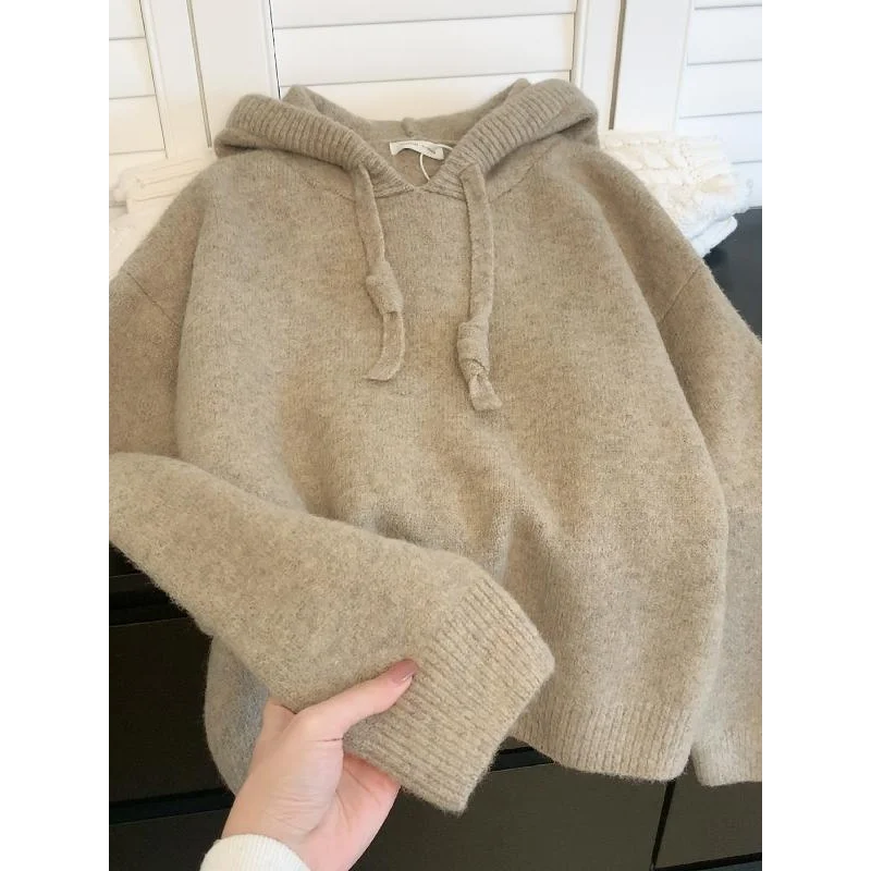 

Бархатный пуловер с капюшоном в виде енота, женский осенне-зимний свободный утолщенный вязаный свитер в ленивом стиле