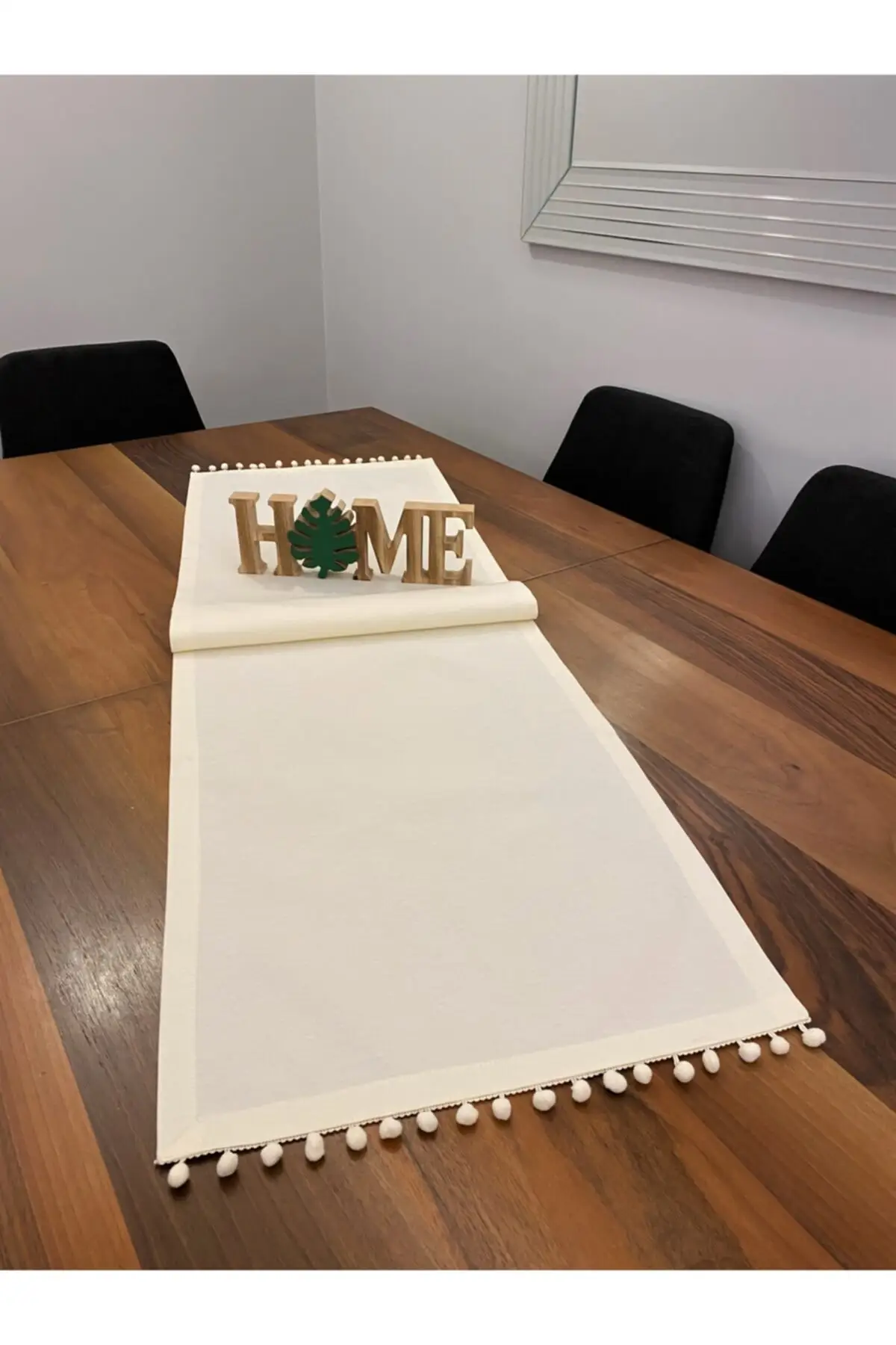 Cream Color Runner Tablecloth with Pompoms. Kitchen, Table Accessory, Plate Base, Dining Room