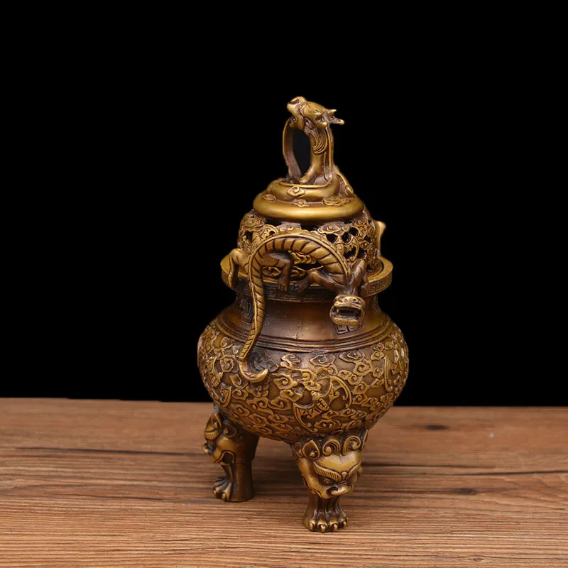 Copper Three Legs Dragon Head Incense Burner Statue Chinese Ancient Beast Censer Cover Statue Office Home Decor Gift