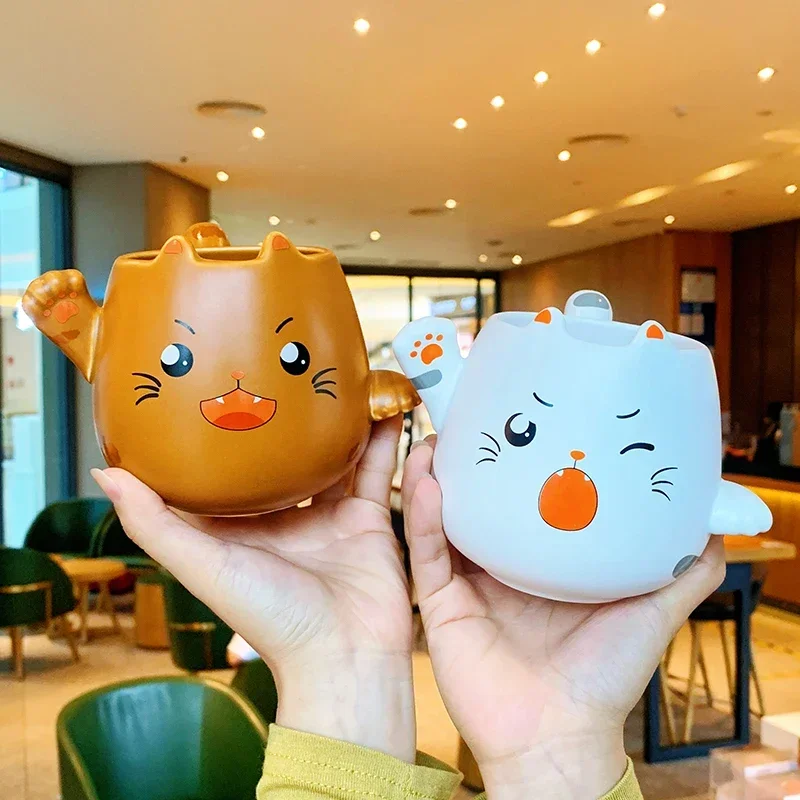 Cartoon Cute Cat Mugs with Spoons Creative Cat Paw Ceramic Mug for Coffee Tea Milk Oatmeal Large Capacity Animal Cups Funny Gift