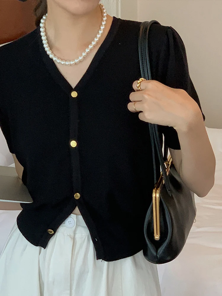 Black Short Sleeve Knitted Open Cardigan Women's Outerwear Thin V-neck Waist-cinching Slimming Lady Design Sense Top