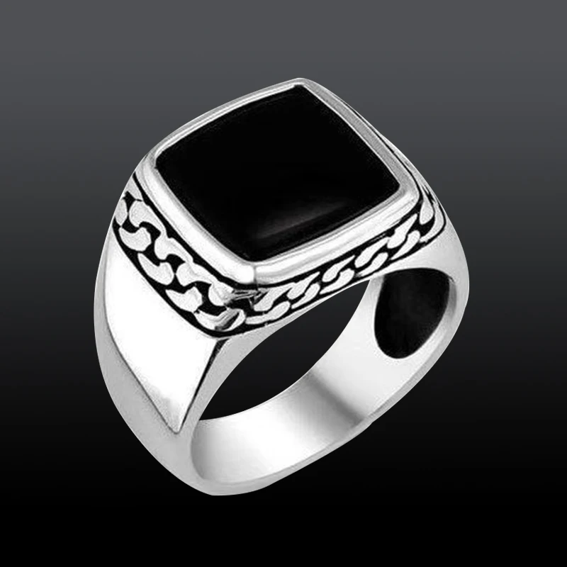 New Black Gem Stainless Steel Ring For Men Fashion Trend Pattern Zircon Finger Ring Male Vintage Jewelry