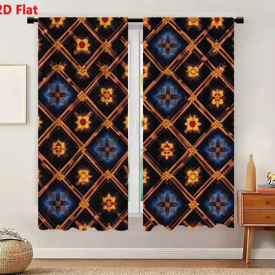 2Pcs Curtains 2D Flat Dark Background Ornate Geometric Pattern With Interlocking Diamond Shapes Golden Brown Outlines And Yellow