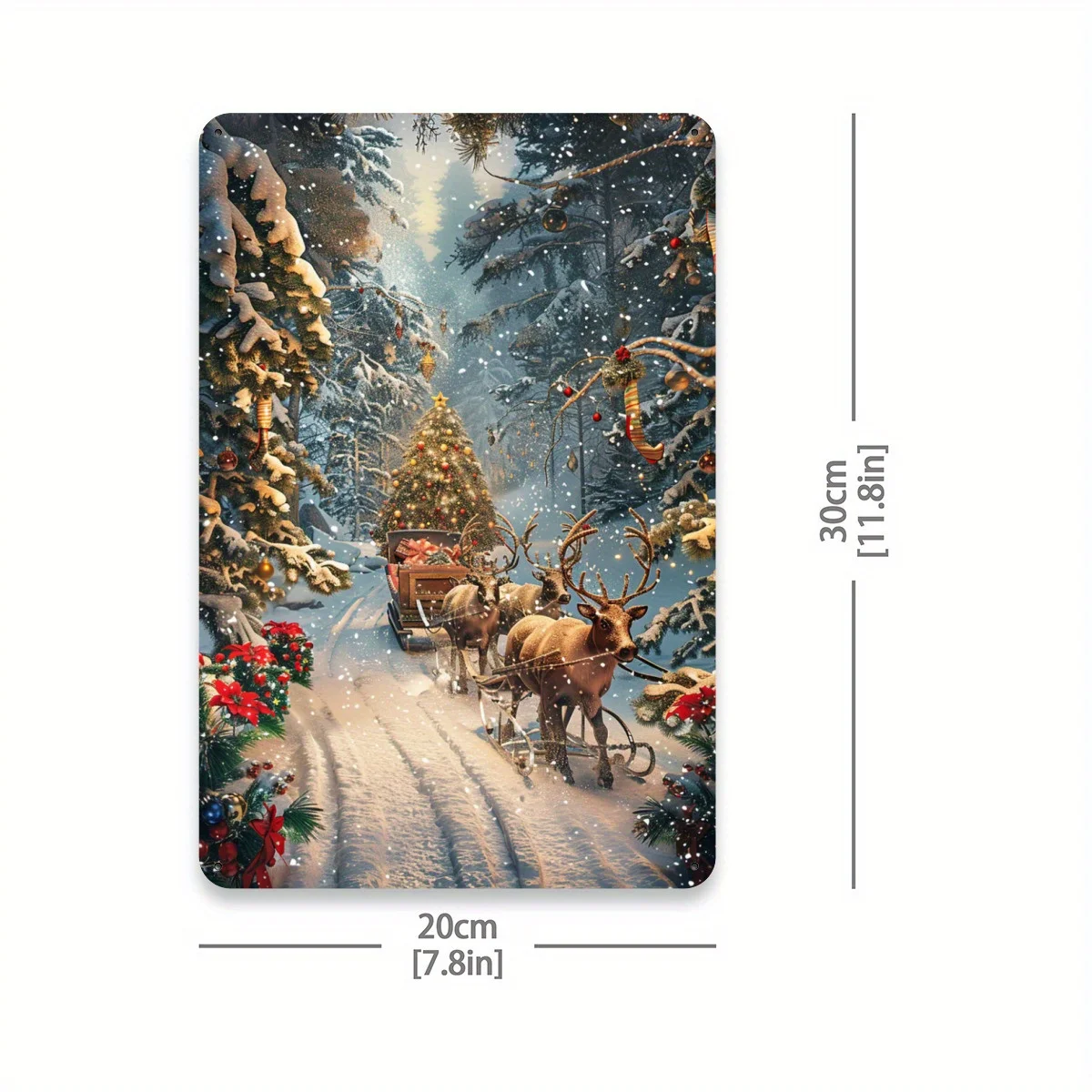 2D Flat, 1pc Vintage Christmas Reindeer Snow Scene Metal Wall Art - 20.32x30.48 cm Rustic Farmhouse Holiday Decor with Santa'S S