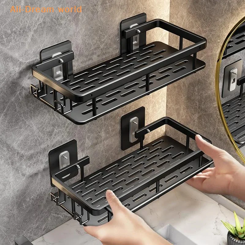 Wall-mounted Bathroom Storage Shelves (2-pack, Drill-free) And Corner Shelves; Features Excellent Drainage And Durability; Blac