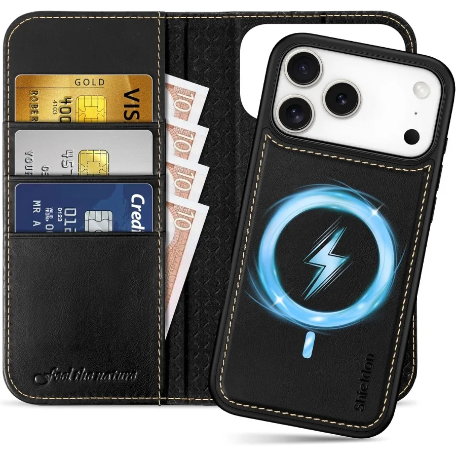

Removable Wallet Case for iPhone 17 Pro Max 6.9-inch 2025 Genuine Leather Folio Magnetic Cover with Wireless Charging Support R