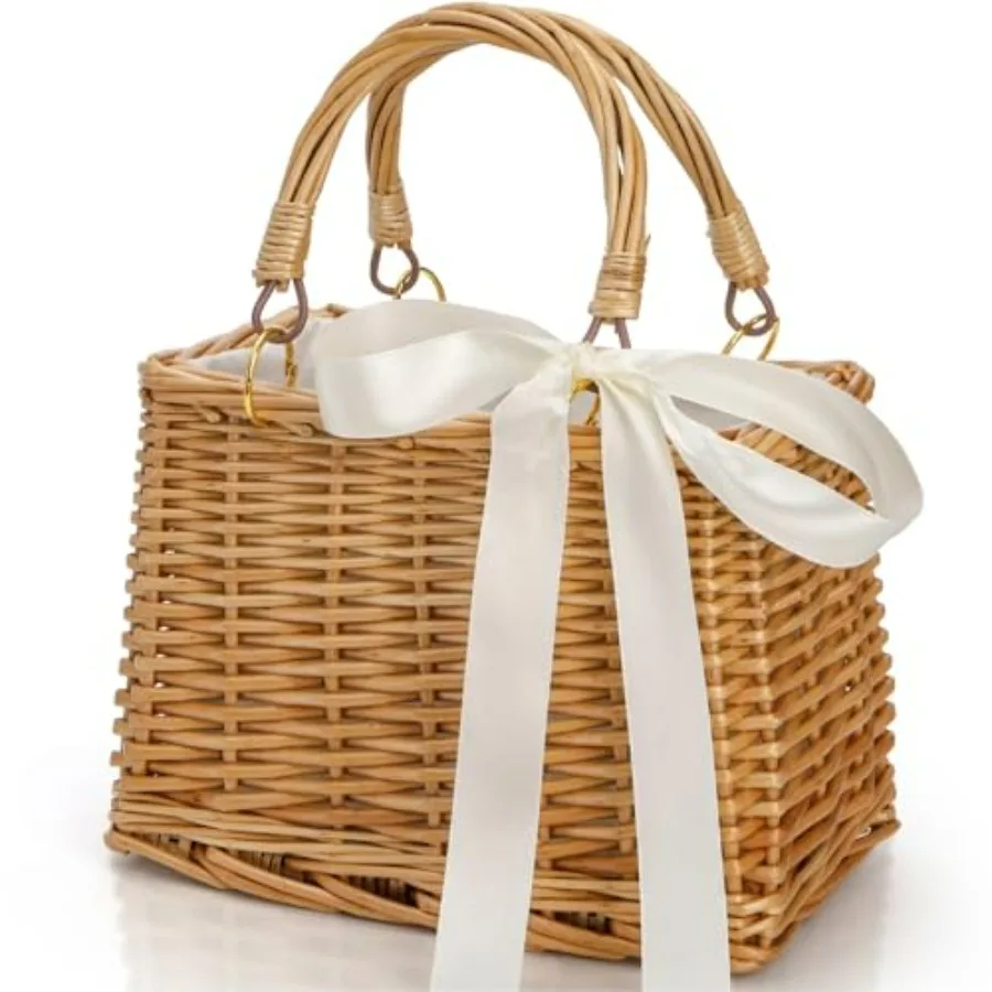 

Handwoven Rattan Handbag, Wicker Rectangle Basket Purse with White Ribbon, Summer Beach Top Handle Clutch, Boho Style Woven Pur