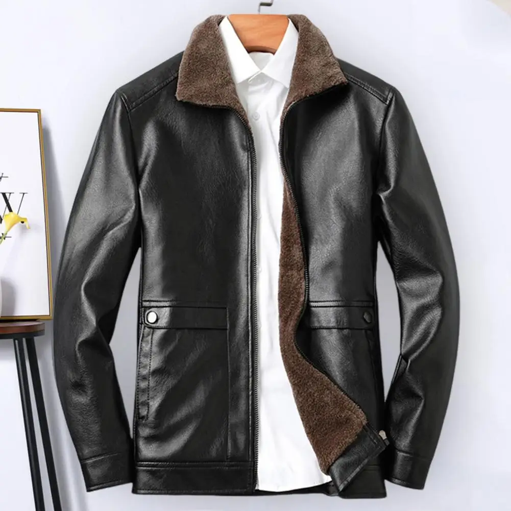 Plus Size Men Jacket Lapel Autumn Winter Thicken Velvet Faux Leather Jacket Windproof Plush Lining Biker Outerwear