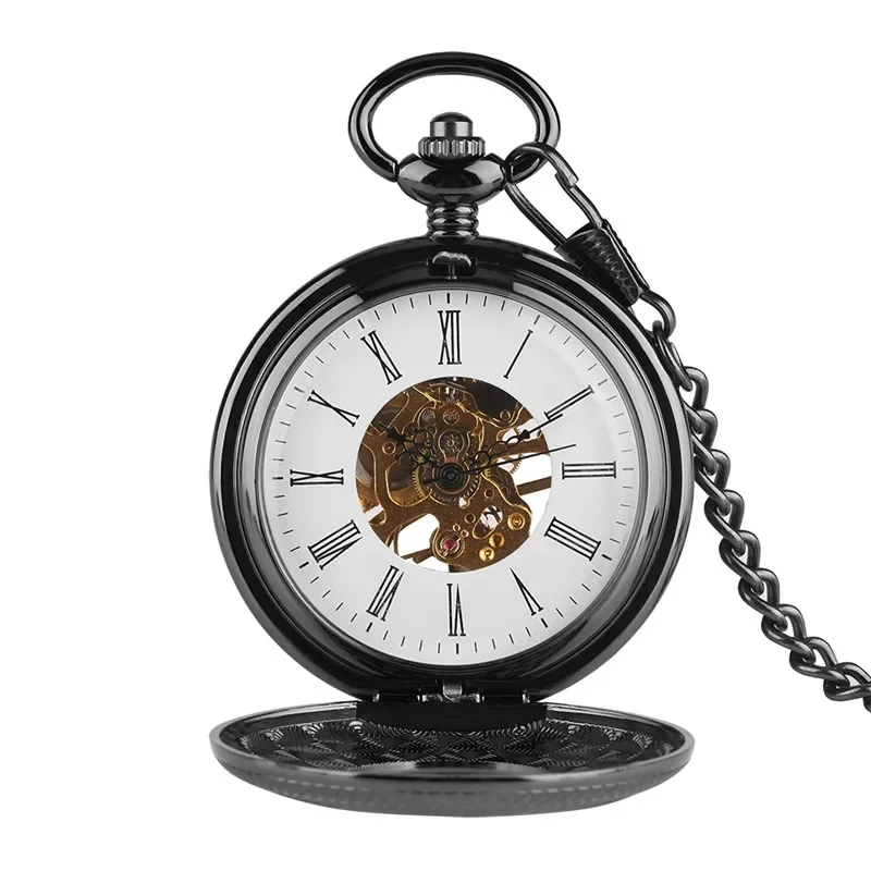 Vintage Black Half Hunter Men Women Mechanical Hand Winding Pocket Watch Roman Number Skeleton Clock Pendant Chain Gift reloj